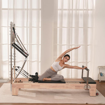 Pilates Reformer Tower, Studio Home Trainer, 400 Lbs Capacity, Smooth Gliding Carriage, Sitting Box, Spring & Cord Resistance, Maple, Rubberwood & Aluminum