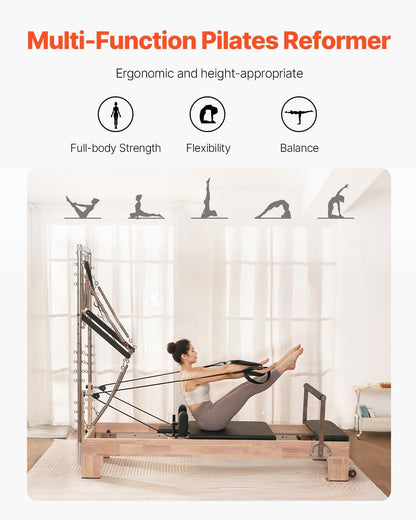 Pilates Reformer Tower, Studio Home Trainer, 400 Lbs Capacity, Smooth Gliding Carriage, Sitting Box, Spring & Cord Resistance, Maple, Rubberwood & Aluminum