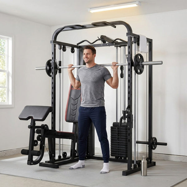 Multi-Station Smith Machine Built for Full-Body Training, 138LB Weight Stack, Leg Press, LAT Station