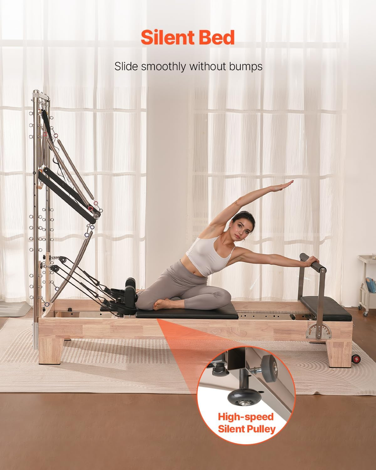 Pilates Reformer Tower, Studio Home Trainer, 400 Lbs Capacity, Smooth Gliding Carriage, Sitting Box, Spring & Cord Resistance, Maple, Rubberwood & Aluminum