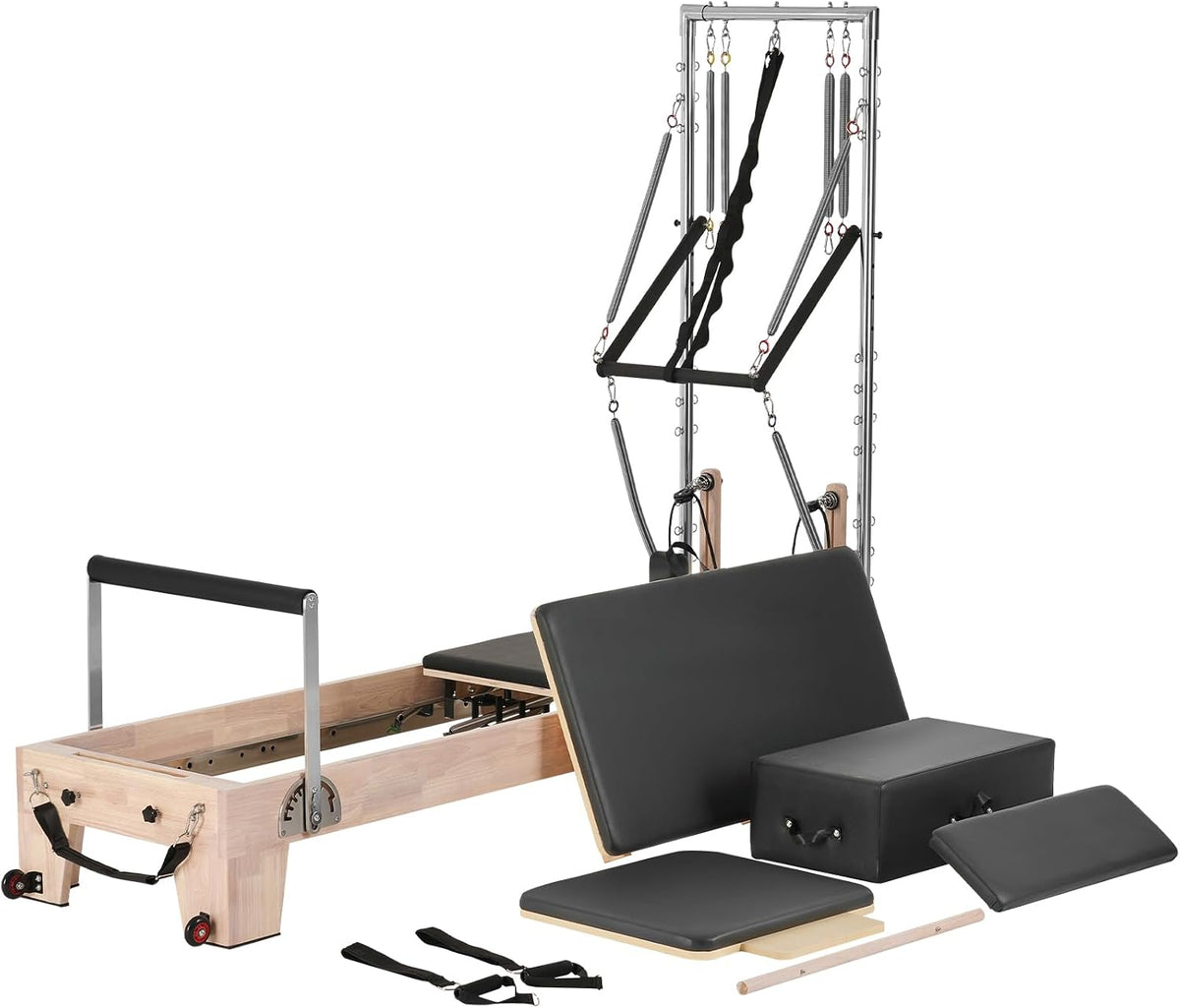 Pilates Reformer Tower, Studio Home Trainer, 400 Lbs Capacity, Smooth Gliding Carriage, Sitting Box, Spring & Cord Resistance, Maple, Rubberwood & Aluminum