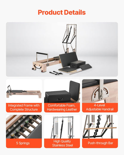 Pilates Reformer Tower, Studio Home Trainer, 400 Lbs Capacity, Smooth Gliding Carriage, Sitting Box, Spring & Cord Resistance, Maple, Rubberwood & Aluminum