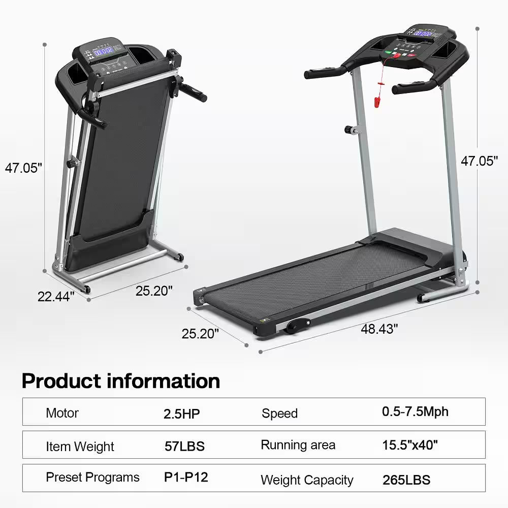 2.5 HP Steel Folding Electric Treadmill Running Machine with LCD Display and Phone/Cup Holder for Home Gym