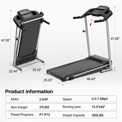 2.5 HP Steel Folding Electric Treadmill Running Machine with LCD Display and Phone/Cup Holder for Home Gym
