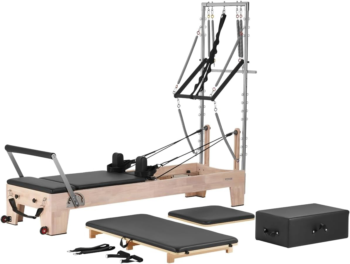 Pilates Reformer Tower, Studio Home Trainer, 400 Lbs Capacity, Smooth Gliding Carriage, Sitting Box, Spring & Cord Resistance, Maple, Rubberwood & Aluminum