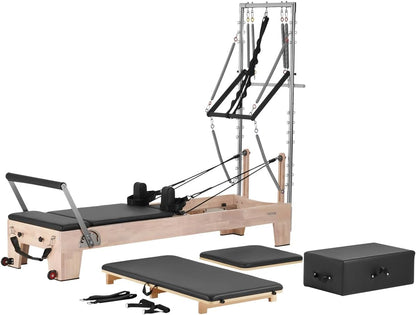 Pilates Reformer Tower, Studio Home Trainer, 400 Lbs Capacity, Smooth Gliding Carriage, Sitting Box, Spring & Cord Resistance, Maple, Rubberwood & Aluminum