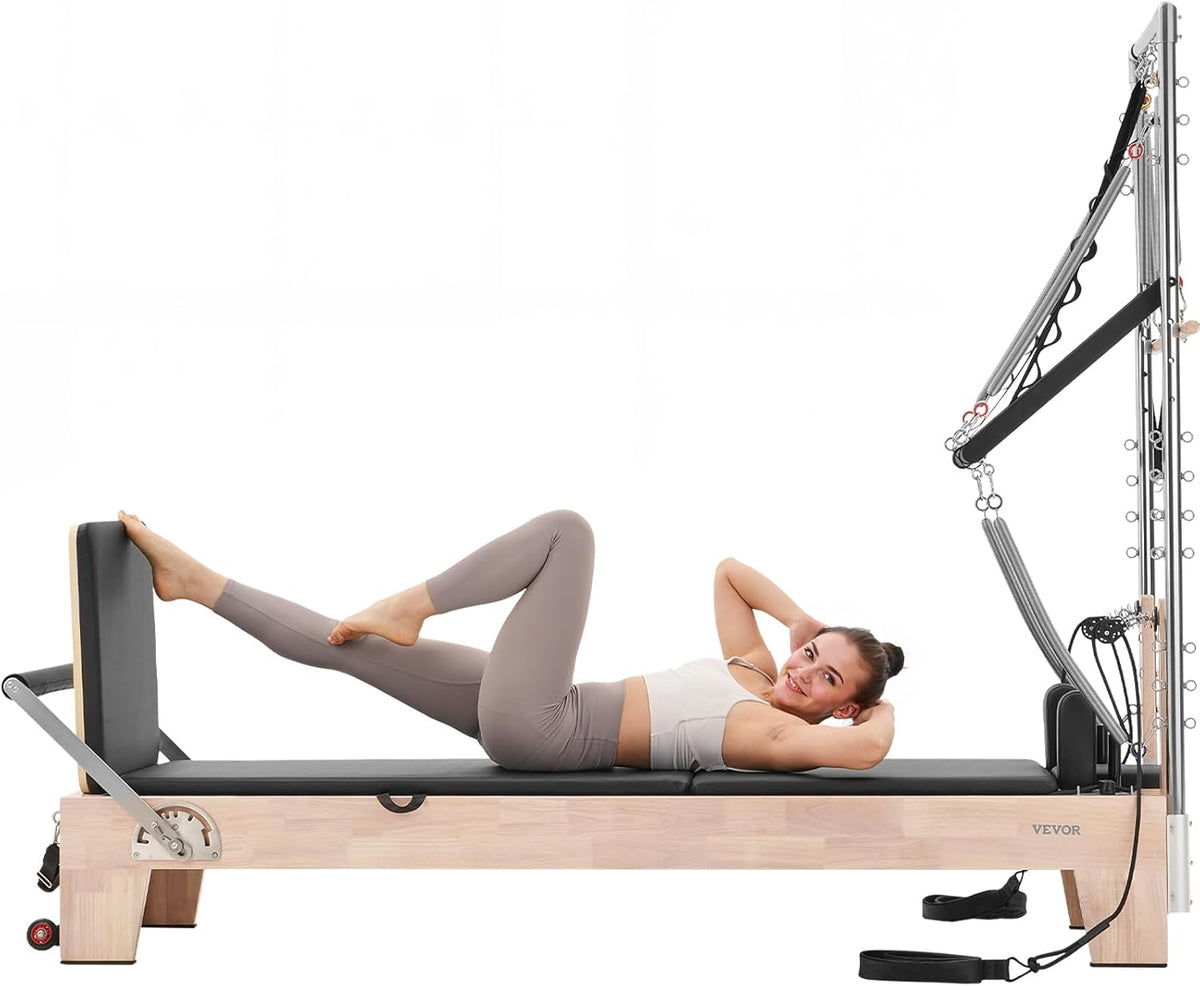 Pilates Reformer Tower, Studio Home Trainer, 400 Lbs Capacity, Smooth Gliding Carriage, Sitting Box, Spring & Cord Resistance, Maple, Rubberwood & Aluminum