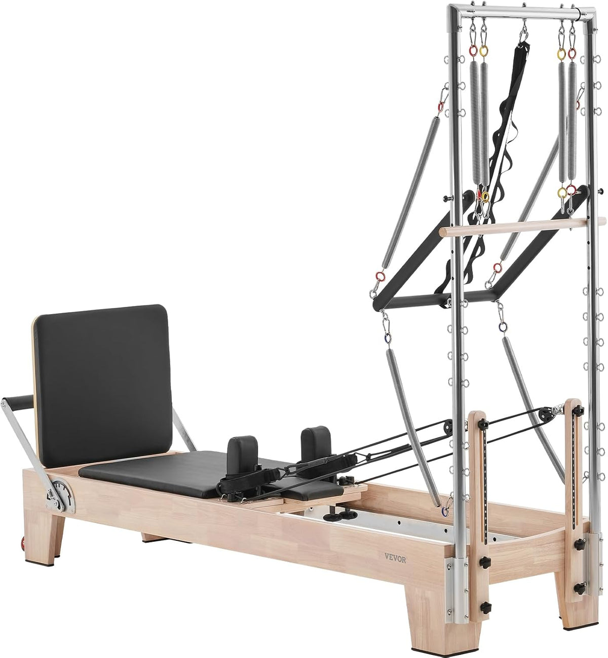 Pilates Reformer Tower, Studio Home Trainer, 400 Lbs Capacity, Smooth Gliding Carriage, Sitting Box, Spring & Cord Resistance, Maple, Rubberwood & Aluminum