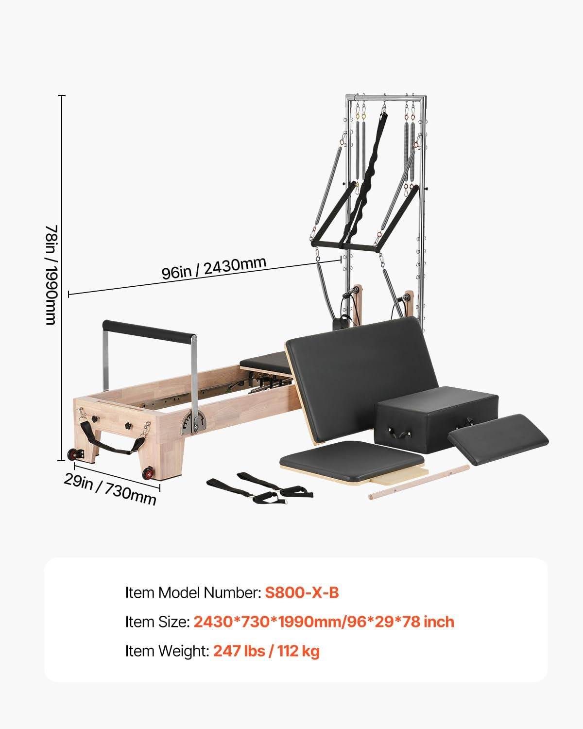 Pilates Reformer Tower, Studio Home Trainer, 400 Lbs Capacity, Smooth Gliding Carriage, Sitting Box, Spring & Cord Resistance, Maple, Rubberwood & Aluminum