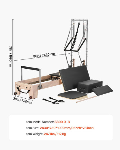 Pilates Reformer Tower, Studio Home Trainer, 400 Lbs Capacity, Smooth Gliding Carriage, Sitting Box, Spring & Cord Resistance, Maple, Rubberwood & Aluminum