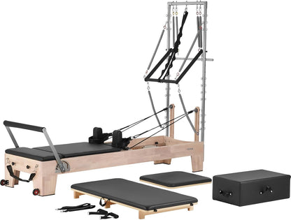 Pilates Reformer Tower, Studio Home Trainer, 400 Lbs Capacity, Smooth Gliding Carriage, Sitting Box, Spring & Cord Resistance, Maple, Rubberwood & Aluminum