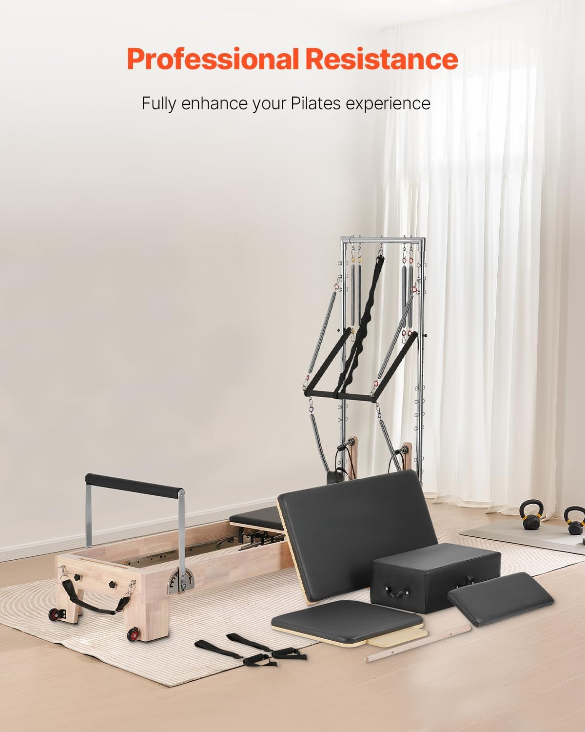 Pilates Reformer Tower, Studio Home Trainer, 400 Lbs Capacity, Smooth Gliding Carriage, Sitting Box, Spring & Cord Resistance, Maple, Rubberwood & Aluminum