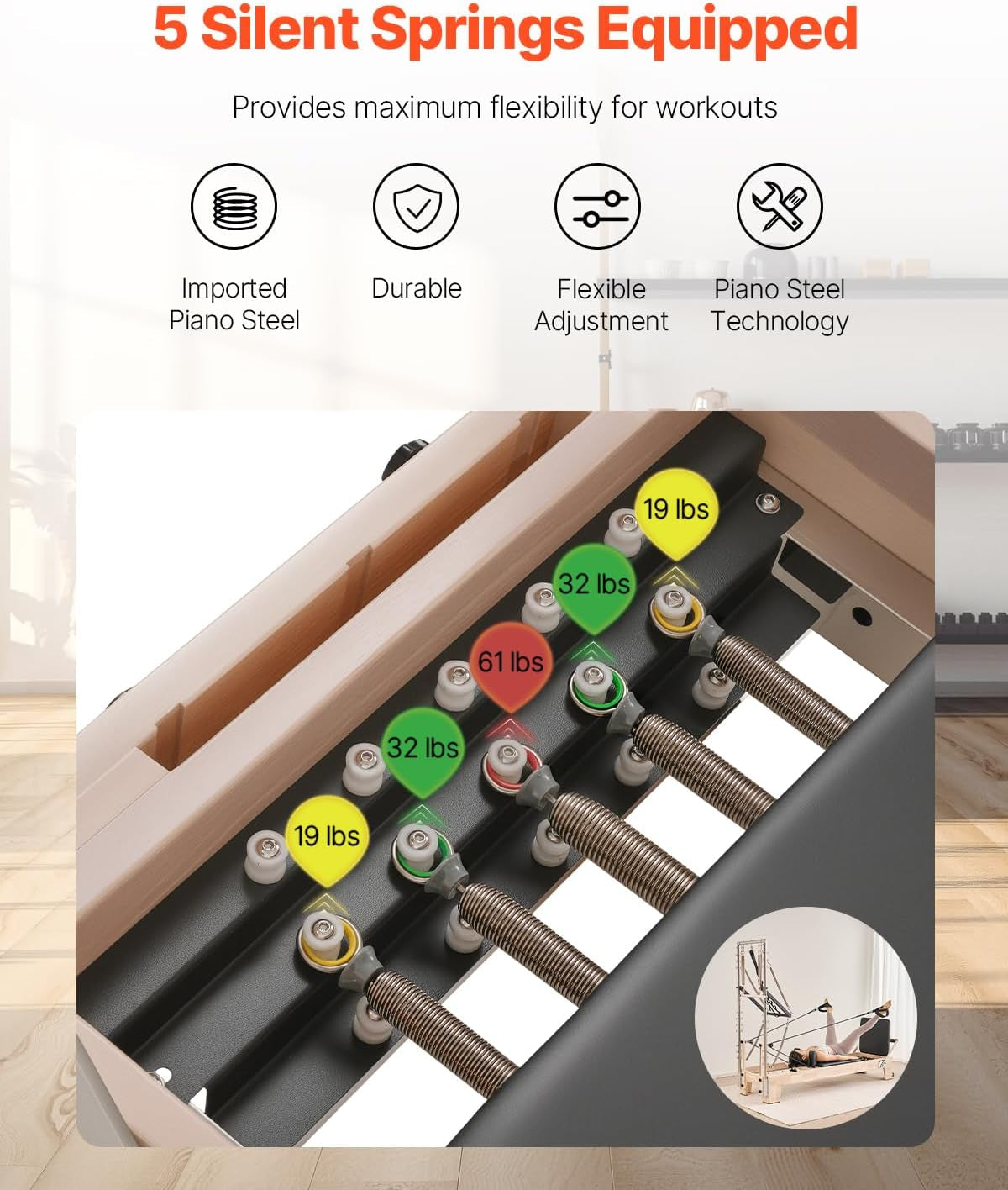 Pilates Reformer Tower, Studio Home Trainer, 400 Lbs Capacity, Smooth Gliding Carriage, Sitting Box, Spring & Cord Resistance, Maple, Rubberwood & Aluminum